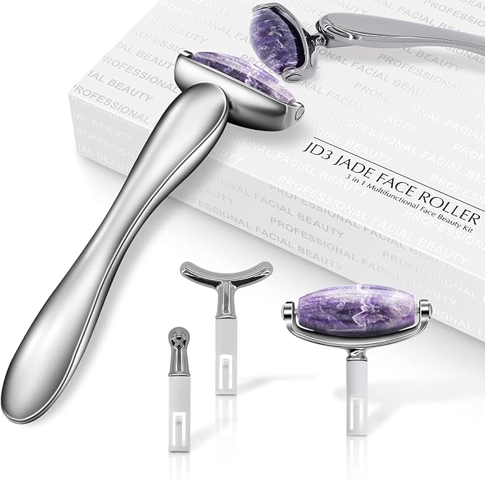 I·B·N G Jade Face Roller, Facial Rollers for Women, Face Massage Skin Care Beauty Tools with 3 Interchangeable Heads (Purple+Black)