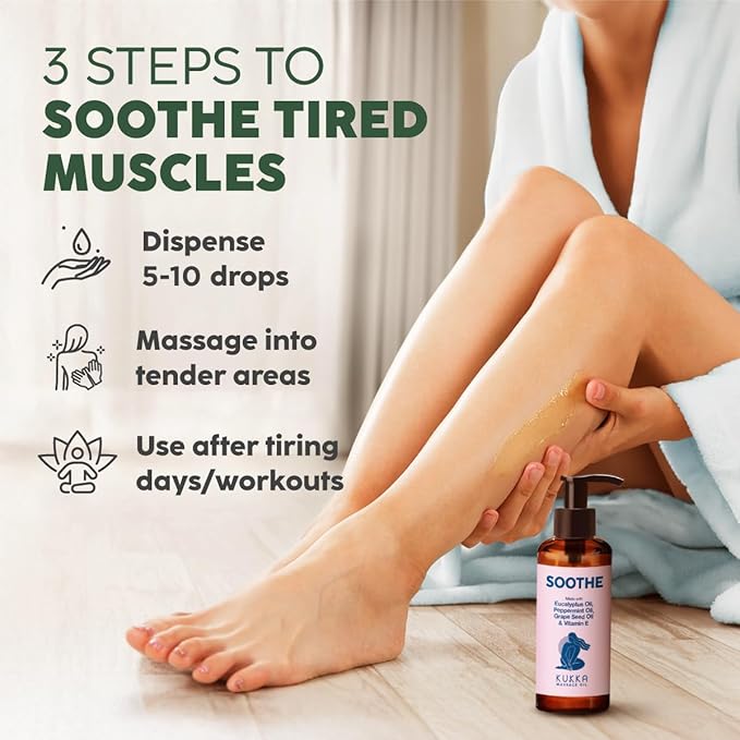 Kukka Soothe Massage Oil for Therapy - 6.76 Fl Oz - 100% Pure Natural - Eucalyptus, Peppermint & Vitamin E - Sore Muscle for Body Muscle Relaxing Calming, Soothing Massage Oil