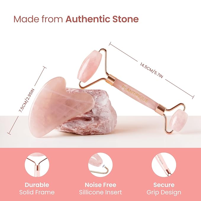 PLANTIFIQUE Face Roller and Gua Sha Rose Quartz Certified | Gifts | Guasha Tool for Face | Jawline Shaper | Your Skin Care Routine