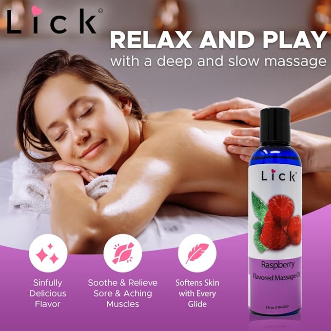 Lick Raspberry Flavored Muscle Massage Oil for Massage Therapy - Natural Oil with Almond and Coconut Essential Oils - Multipurpose Aromatic Absorption Full Body Massage Oil - 4 fl. oz.