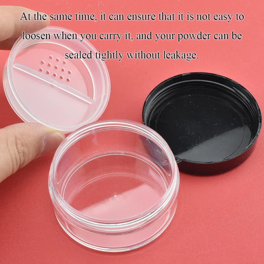 HAHIYO 3Pcs 20ml/0.68oz Plastic Empty Travel Compact Case Makeup Cosmetic Jar Refillable Powder Box No Leak Holder with Rotatable Sifter and Black Screw Lid