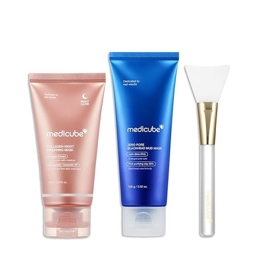 medicube Korean Viral Glass Skin Faical Mask Duo: Collagen Overnight Wrapping Peel Off Facial Mask Pack & Zero Pore Blackhead Mud Facial Mask & Jelly Brush