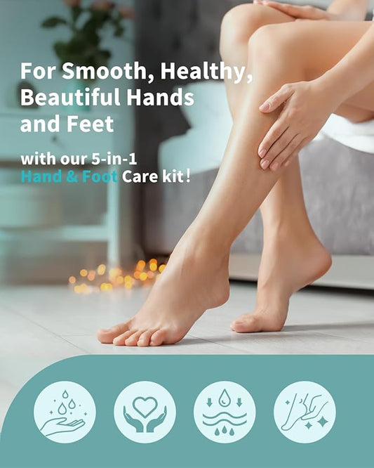VTS Foot and Hand Care Kit - Includes Tea Tree Oil, Salt Scrub, Serum, Urea Cream 40 Percent, Moisturizing Heel Socks - Home Pedicure Spa Kit for Dry Cracked Heels Feet Knees Elbows Hands