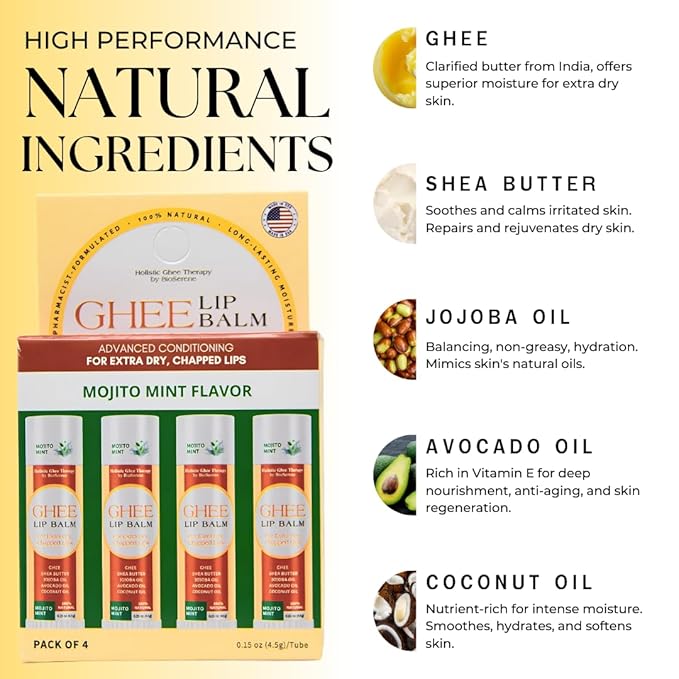 All Natural Lip Balm For Very Dry Lips | Hydrating & Moisturizing Lip Balm with Shea Butter, Ghee, Jojoba Oil, Coconut Oil | Chapped Lips & After Sun Care | BioSerene (4.5 gms/tube, Mojito Mint)