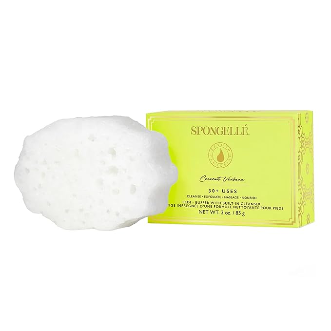 SPONGELLÉ Coconut Verbena Pedi-Buffer with Built-In Cleanser - Exfoliates, Softens & Smooths Feet for a Spa-Like Pedicure Experience, 30+ Uses