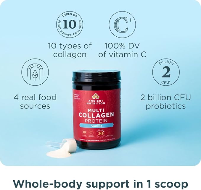 Ancient Nutrition Collagen Peptides Powder, Multi Collagen Protein, Women & Men, Vitamin C, Probiotics, Hydrolyzed Collagen, Supports Skin, Joints, Gut Health, Vanilla, 24 Servings