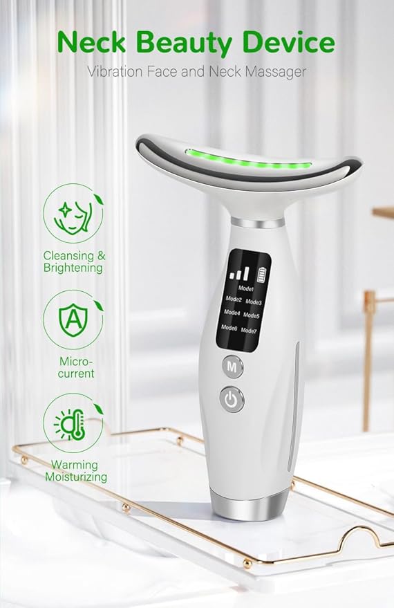 7-in-1 Neck and Face Grooming Device with Red Light Therapy, 3 Vibration Modes and Ergonomic Design to Firm Skin and Eliminate Wrinkles