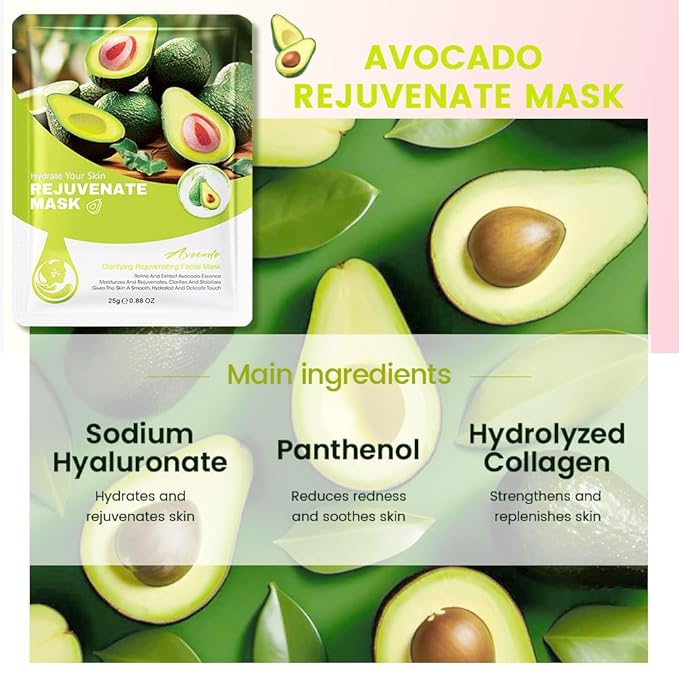 8 Pack Avocado Face Sheet Mask Skincare,Hydrating Face Mask For Sensitive Skin,Moisturize,Soothing,Nourish for All Skin Types,Natural Spa Party Facial Mask Skincare Set for Women Men Girls
