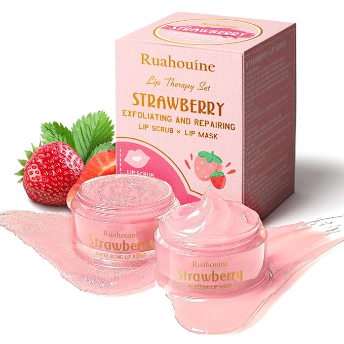 Strawberry Lip Scrub And Mask Set, Lip Scrub Kit, Lip Scrub Set, Sugar Lip Scrub Exfoliator, Lip Scrub For Dark Lips To Lighten, Lip Care Kit, Sleeping Lip Mask, Lip Mask Pack, 1.4 oz / 2-piece