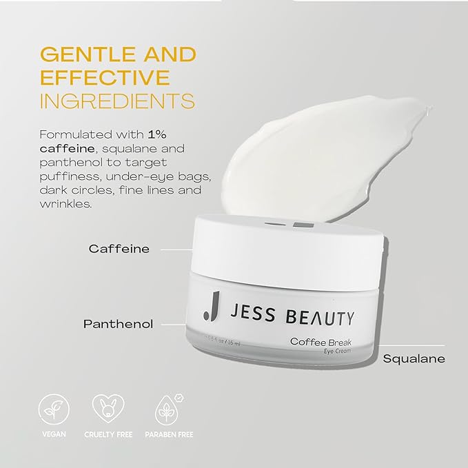 JESS BEAUTY | Coffee Break Eye Cream with 1% Caffeine, Squalane and Panthenol I Beauty and Self Care - Korean Beauty Eye Contour 0.5 fl. oz