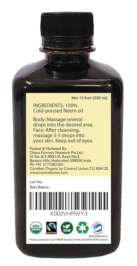 DAANA Neem Oil for Skin and Hair: Certified USDA Organic, Extra Virgin, Cold Pressed (12 Fl Oz)