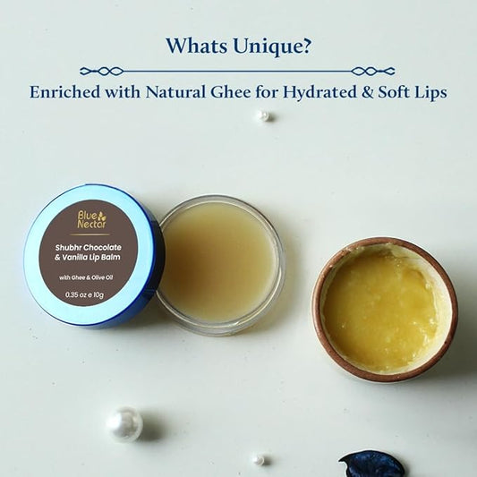 Blue Nectar Natural Lip Balm Chocolate & Vanilla with Organic Ghee for Dry Lips | Herbal Ayurvedic Hydrating Lip Gloss for Women (0.35 oz, 12 Herbs)