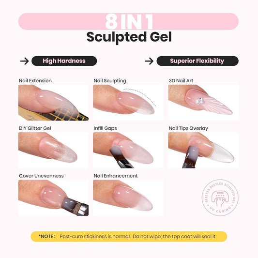 Beetles Hard Gel 8 in 1 60g Clear Scuplted Gel for Nail Extension Sculpting & Overlays High Hardness with Nail Accessories for Professional Use LED & UV Lamp Needed