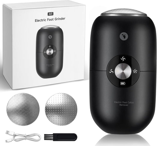 Quaferen Electric Foot Callus Remover 3-Speed Rechargeable Foot File Portable Pedicure Tools for Feet with Stainless Steel Head IPX6 Waterproof Foot Scrubber for Dead Hard Cracked Dry Skin (Black)