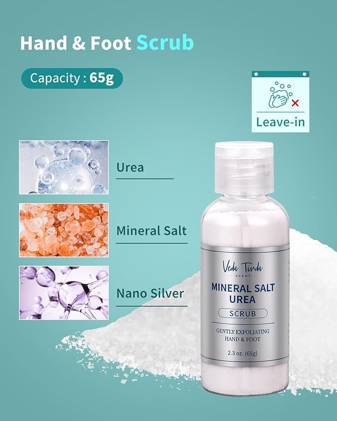 VTS Foot and Hand Care Kit - Includes Tea Tree Oil, Salt Scrub, Serum, Urea Cream 40 Percent, Moisturizing Heel Socks - Home Pedicure Spa Kit for Dry Cracked Heels Feet Knees Elbows Hands