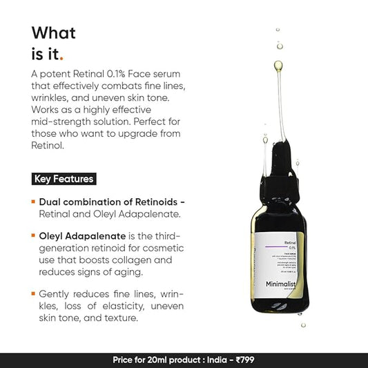 Minimalist Retinal 0.1% Face Serum | Reduces Fine Lines & Wrinkles | Enriched with Bakuchiol & Squalane | Anti-Aging & Hydrating Formula | For All Skin Types | 0.68 Fl Oz/ 20 ml