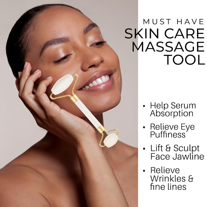 Face Roller Jade Roller for Face, Eye & Neck Skin Care, 100% Genuine Jade Stone Facial Roller Massager, Eye Roller for Puffy Eyes, Facial Rollers for Aging Skin, Facial Self Care for Women(White)