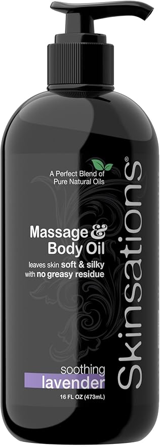 Skinsations - Lavender Massage Oil for Massage Therapy - 16oz | Muscle Relaxing Blend of Sweet Almond, Fractionated Coconut, Grapeseed and Jojoba Oil | Scented Body Oil, Sore Muscles, Aromatherapy