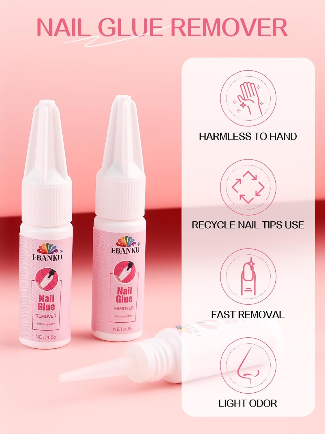 EBANKU Nail Glue Remover for Press On Nails, 10 x 15ML Gel Remover for Acrylic Tips Nail Glue Fast Acting Adhesive Gel Low Odor Liquid for Quick Removal