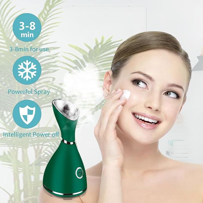 Facial Steamer-Nano Ionic Facial Steamer Warm Mist Humidifier Atomizer Sprayer Moisturizing Face Steamer Home Sauna SPA Face with 4 Piece Stainless Steel Skin Kit and Hair Band(Green)