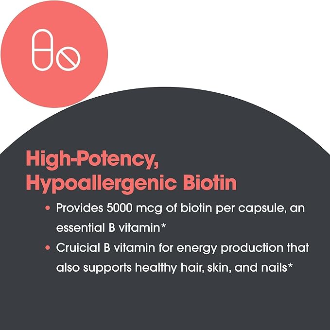 Allergy Research Group Biotin 5000 Supplement - 5000mcg Biotin, Vitamins for Hair, Skin and Nails, High Dose, Vegetarian Capsules, Hypoallergenic, Gluten Free - 60 Count