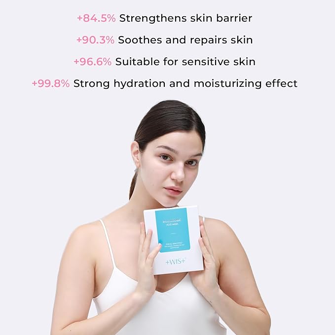 '+WIS+ Hyaluronic Acid Sheet Mask 5 EA with Hyaluronic Acid Serum and Vitamin B5, Hydrating Facial Mask for Dry Skin, Anti-Aging Mask to Plump and Repair Dehydrated Skin, Safe on Sensitive Skin