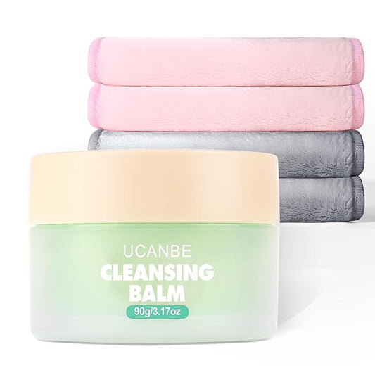 UCANBE Cleansing Balm Makeup Remover, 3.17oz Cleansing Balm + 4pcs Large Size Makeup Remover Cloths, Makeup Cleansing Balm for Waterproof Eye Face Lip Makeup, Made for All Skin Types