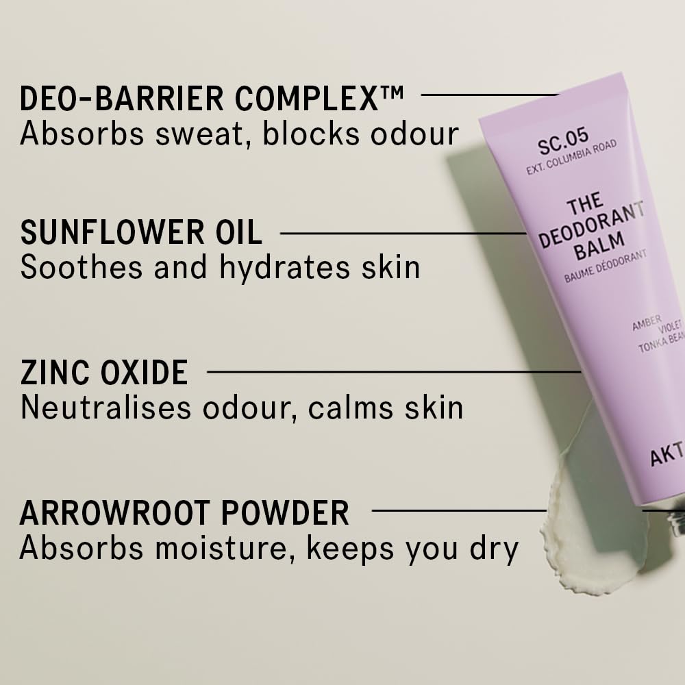 AKT, THE DEODORANT BALM. Award winning, multi-use, natural deodorant. Plastic Free. Gender Free. Aluminium Free. 100% effective — 1 tube lasts up to 3 months. SC.05 COLUMBIA ROAD 50ml/1.76 FL.OZ