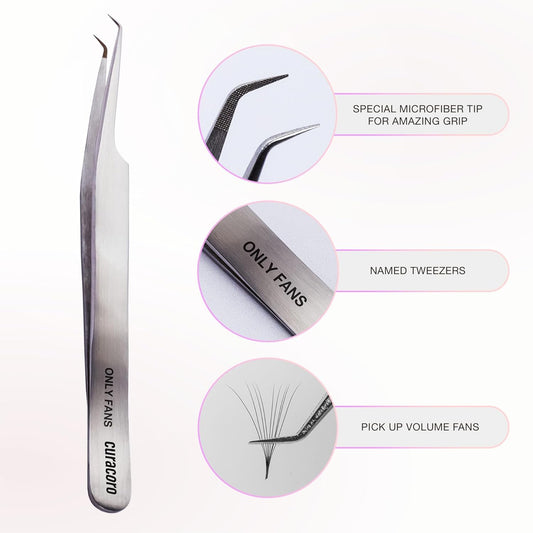 Curacoro Lash Tweezer - Professional & Precision Fiber Tip Grip Lash Tweezers for Eyelash Extensions, Multi Shapes & Purposes Tweezers for Volume, Isolation & Classic Lashes (Silver, Only Fan)