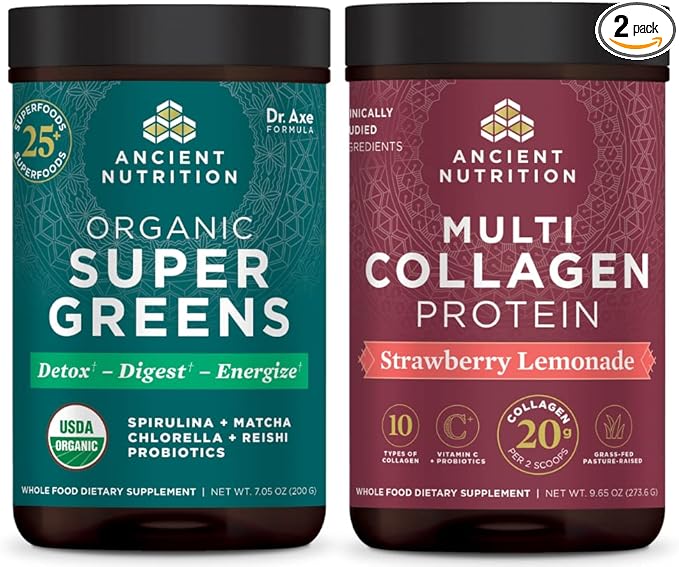 Ancient Nutrition Organic Supergreens Powder, Greens Flavor, 25 Servings + Multi Collagen Protein Powder, Strawberry Lemonade, 24 Servings