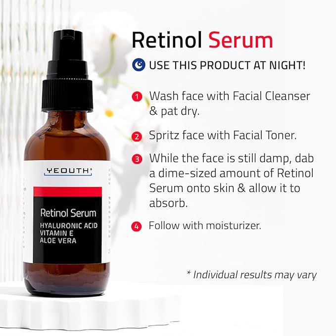 YEOUTH Retinol Serum for Face with Hyaluronic Acid & Vitamin E, Hydrating Retinol for Face, Night Serum Suitable for All Skin Types 1oz