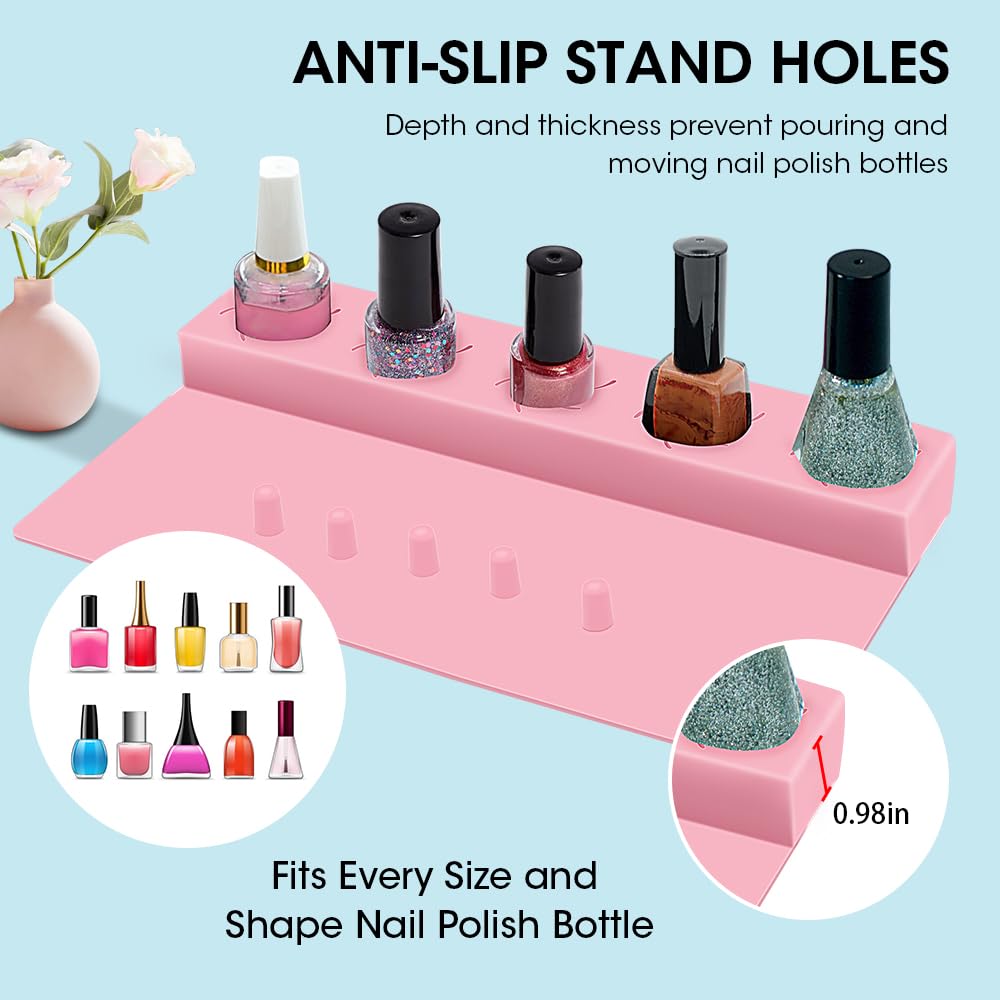 Nail Polish Holder, Silicone Hand Rest Mat Fingernail Painting Tools 2 in 1 Art Accessories Organizer Case Set with Anti-Spill Bottle Stand and Finger Separators for Pedicure Manicure-Pink