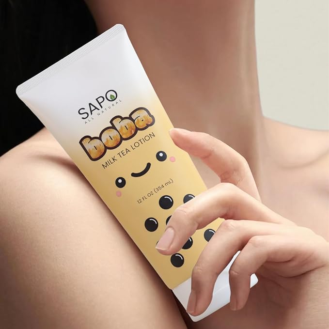 Boba Lotion with Aloe & Vitamin E - Gentle, Hydrating & Moisturizing For Hands, Body, Face & Kids - Caramel Milk Tea Scent, 12 Fl Oz