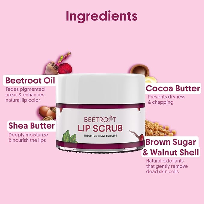 Beetroot Lip Scrub with Shea Butter & Cocoa Butter – For Dark, Chapped & Pigmented Lips – Suitable for Men and Women - 0.5 FL Oz / 15gm