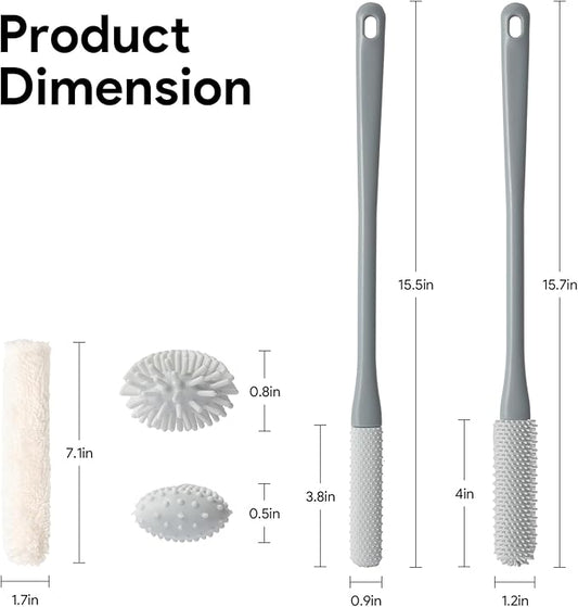 Shower Foot Scrubber Brush, 15.7" Toe Cleaning Brush with 4 Reusable Drying Covers, Long Handle Silicone Bristles Lotion Applicator, No Bending Down Skin Exfoliation Foot Scrub Brushes for Elderly