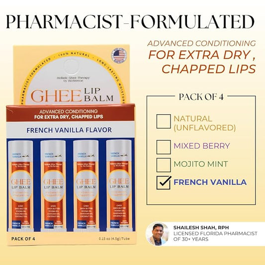 All Natural Lip Balm For Very Dry Lips | Hydrating & Moisturizing Lip Balm with Shea Butter, Ghee, Jojoba Oil, Coconut Oil | Chapped Lips & After Sun Care | BioSerene (4.5 gms/tube, French Vanilla)