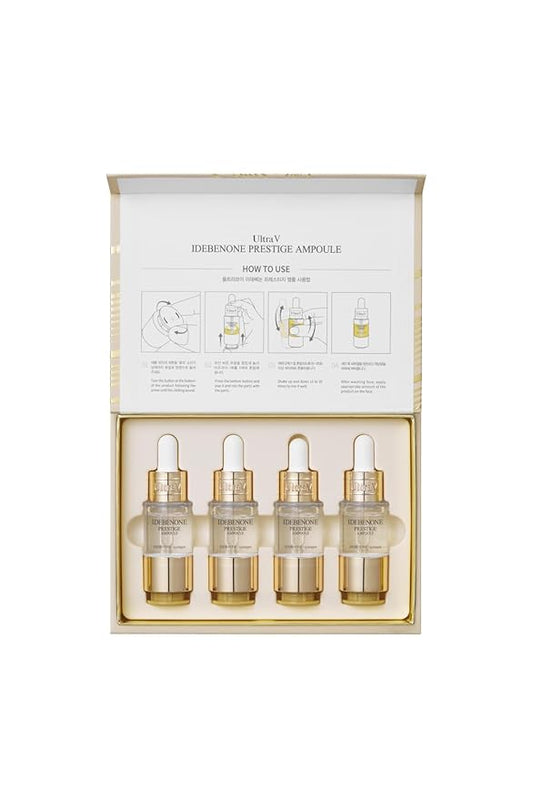 Ultra V Idebenone Prestige Ampoule, 4 Vials Set, Anti-Aging Antioxidant Serum, 0.34 fl oz Each - Antioxidant, Anti Wrinkle, Smoothes, Softens, Hyaluronic Acid, Peptides