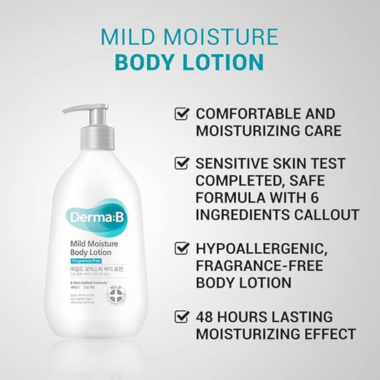 DERMA B Mild Moisture Body Lotion, Fragrance-Free Non-Irritating Body Moisturizer for Dry & Sensitive Skin with Witch Hazel, Unscented Fast-Absorbing Moisturizing Korean Skincare,13.5 Fl Oz,400ml