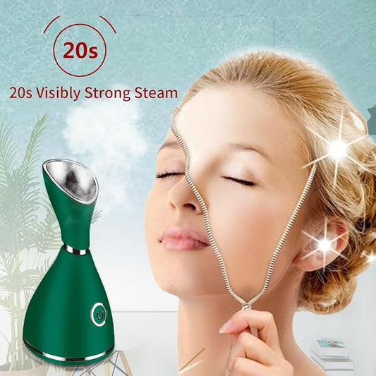 Facial Steamer-Nano Ionic Facial Steamer Warm Mist Humidifier Atomizer Sprayer Moisturizing Face Steamer Home Sauna SPA Face with 4 Piece Stainless Steel Skin Kit and Hair Band(Green)