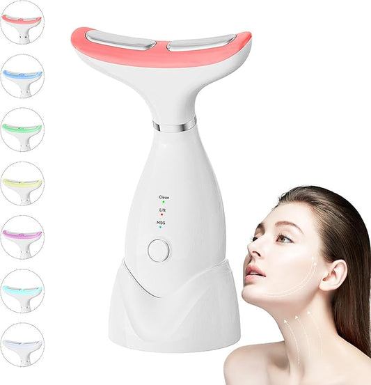 Facial and Neck Massager,7 Color LED Light Therapy for Face,Face Lift Device,Beauty Face Massager Tools for Skin Care (White)