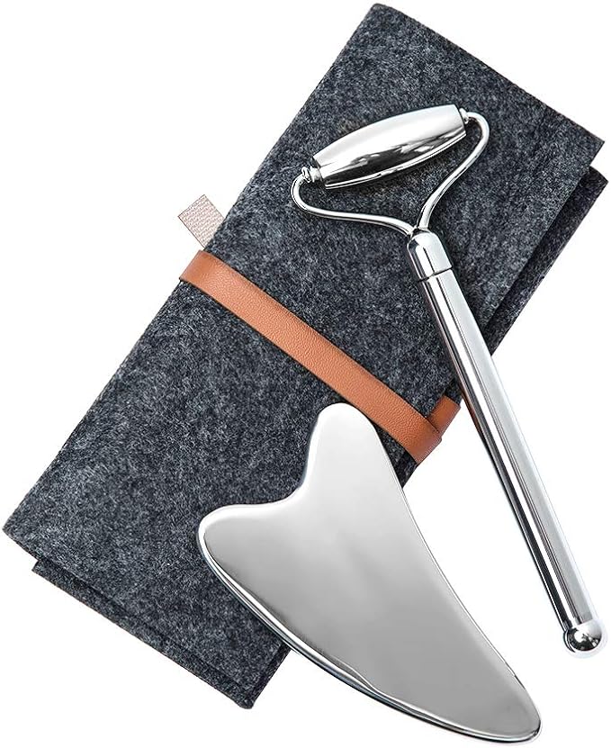 Face Roller and Gua Sha Set - Stainless Steel Mini Eye Roller Set, Face Massager for Wrinkles, Anti Aging Facial Roller - Authentic, Durable, Noiseless Design