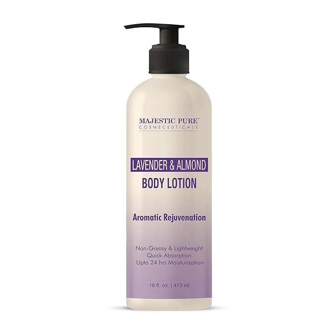 Majestic Pure Lavender & Almond Body Lotion with Aloe Leaf Extracts | Nourishing & Moisturizing | Quick Absorbing, Lightweight & Non Greasy | For All Skin Types | For Women & Men | 16fl oz