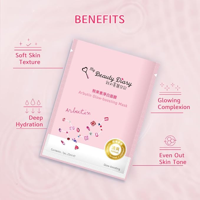 My Beauty Diary Arbutin Glow-boosting Mask, Firming and Smoothening Facial Mask, Restores Skin Radiance, Self Care Face Sheet Mask for Dull Skin and All Skin Types (8 pcs)