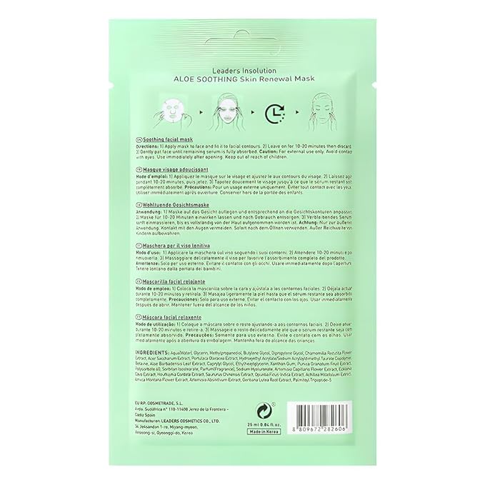 Leaders Insolution Aloe Soothing Skin Renewal Mask | Organic Aloe Leaf & Cactus Extract Hydrating Facial Treatment for Sensitive, Dry, Acne-Prone Skin | UV Repair & Hydration Boost (5 Sheets)