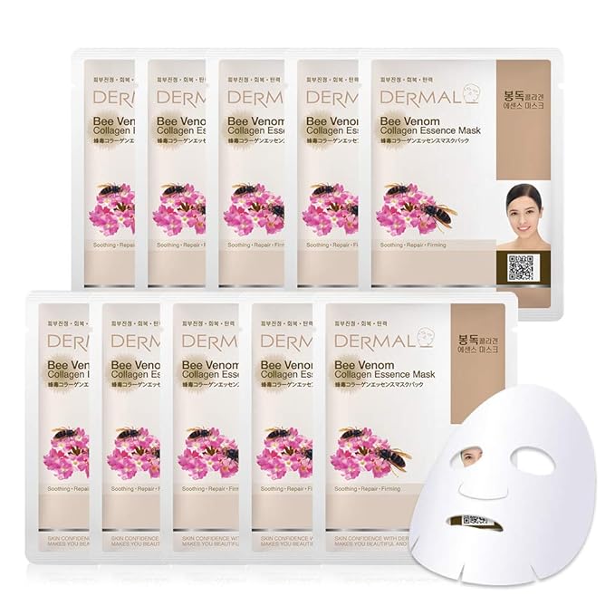 DERMAL Bee Venom Collagen Essence Korean Facial Mask Sheet Pack of 10 - Soothing and Hydrating Irritated Skin - Hypoallergenic Skin Friendly Sheet
