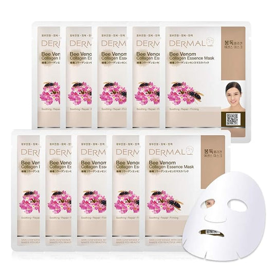 DERMAL Bee Venom Collagen Essence Korean Facial Mask Sheet Pack of 10 - Soothing and Hydrating Irritated Skin - Hypoallergenic Skin Friendly Sheet