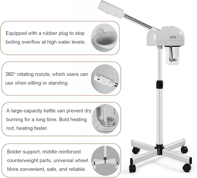 Professional Facial Steamer with Hot Mist Function, Stand Facial Steamer On Wheels, Height Adjustable & 360° Rotatable Nozzle, Use at Home & Salon SPA