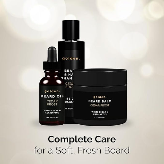 Golden Grooming Co. Everyday Beard Bundle – Complete Beard Care Set | Includes Beard Oil, Balm & Shampoo (Regular, Cedar Frost)
