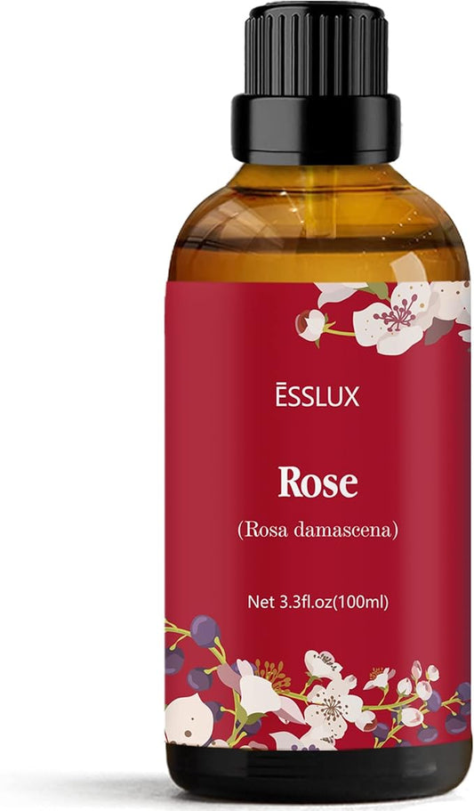 Rose Essential Oil 100ml (3.3 Fl Oz), ESSLUX Aromatherapy Essential Oils for Diffuser, Massage, Soap, Candle Making, Home Fragrance