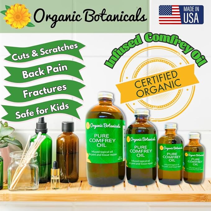 Pure Comfrey Leaf Infused Oil - Skin Care for Joints, Back, Muscles, Fractures, Bruises, and Minor Wounds, Natural Herbal Body Massage Oil, Certified Organic (16 oz)